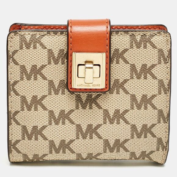 Michael Kors Beige/orange Signature Coated Canvas Natalie Heritage Compact